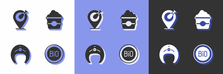 Set Banner for bio, Chicken leg, Fish steak and Popcorn in cardboard box icon. Vector