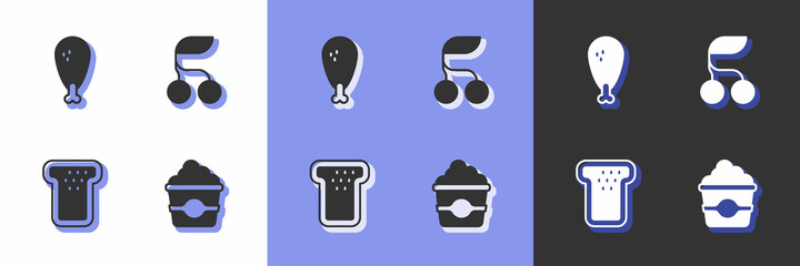 Set Popcorn in cardboard box, Chicken leg, Bread toast and Fresh berries icon. Vector