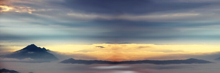 landscape panorama top mountain with sun light impact on white mist beauty nature background