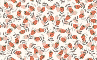 Seamless floral pattern based on traditional folk art ornaments. Colorful flowers on light background. Scandinavian style. Sweden nordic style. Vector illustration. Simple minimalistic pattern