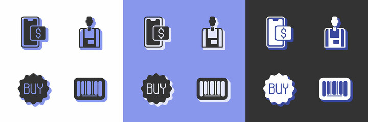 Set Barcode, Mobile shopping, Buy button and Seller icon. Vector