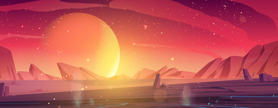 Alien Planet Landscape, Dusk Or Dawn Desert Surface With Mountains, Rocks And Sun Shining On Red And Orange Starry Sky. Space Extraterrestrial Computer Game Background, Cartoon Vector Illustration