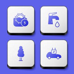 Set Water mill, tap, Tree and Electric car icon. White square button. Vector