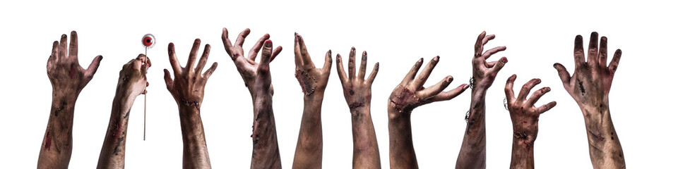 Many hands of scary zombies on white background