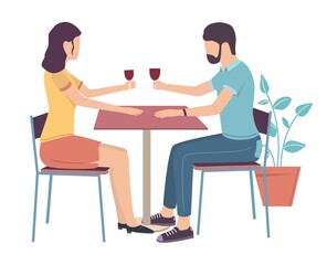 Happy couple in love drinking wine sitting at restaurant table, flat vector illustration. Romantic date.