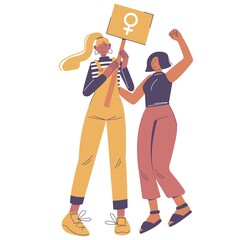 Two strong diverse girls with raised fist and female gender sign. Women Equality Day, girl power, empowerment, vector.