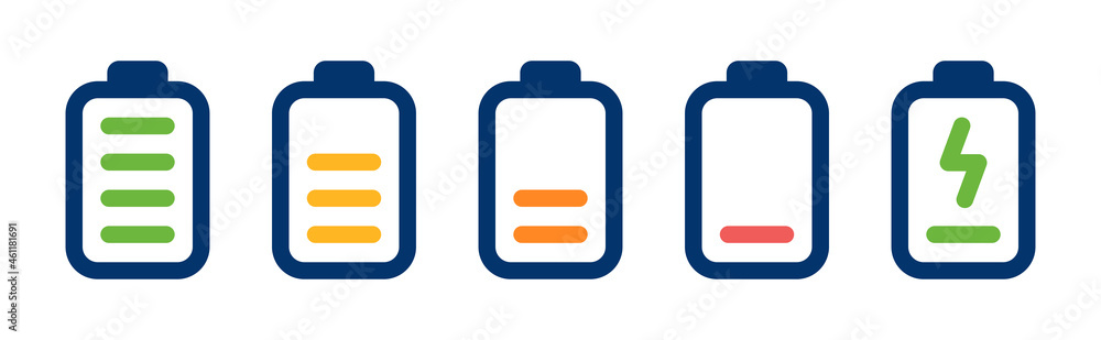Poster battery charge indicator icon set in different level, symbol of mobile phone, battery charge signs. 