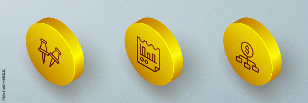 Poster set isometric line push pin, document with graph chart and hierarchy dollar icon. vector
