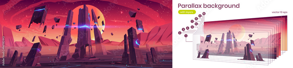Poster parallax background alien planet surface futuristic 2d landscape. cartoon fantasy game scene with gl