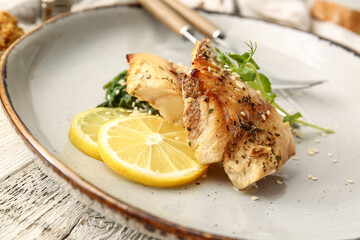 Plate with tasty baked cod fillet, pesto sauce and lemon on light wooden background, closeup