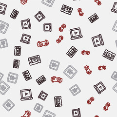 Set line VHS video cassette tape, Online play, Plus 16 movie and Movie, film, media projector on seamless pattern. Vector