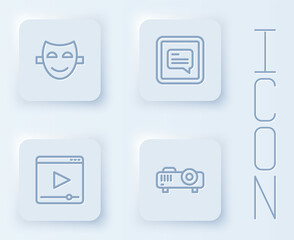 Set line Comedy theatrical mask, Video with subtitles, Online play video and Movie, film, media projector. White square button. Vector