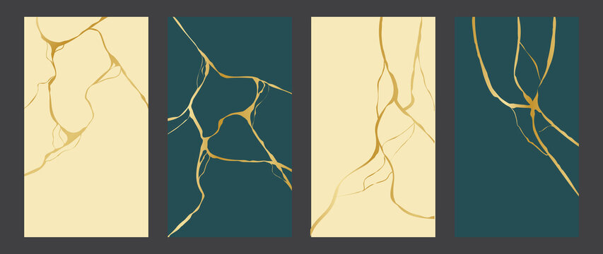 Kintsugi broken ceramic repair, vector set  vertical with gold cracks design background