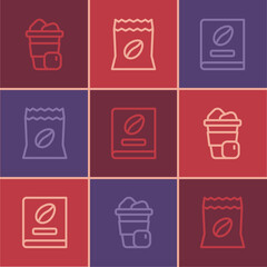 Set line Iced coffee, Coffee book and Bag beans icon. Vector