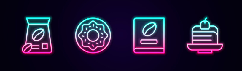 Set line Bag of coffee beans, Donut, Coffee book and Piece cake. Glowing neon icon. Vector