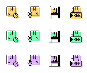 Set line Warehouse interior with boxes, Carton cardboard, Location and Cardboard free symbol icon. Vector