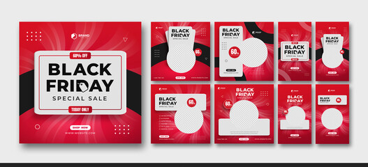 Set of Instagram feed and stories bundle for black Friday sale with black and red color, Social Media Post for Product Sale Promotion - obrazy, fototapety, plakaty