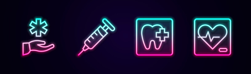 Obraz premium Set line Cross hospital medical, Syringe, Dental clinic location and Heart rate. Glowing neon icon. Vector