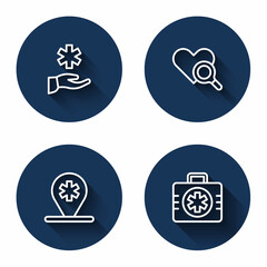 Set line Cross hospital medical, Medical heart inspection, Location and First aid kit with long shadow. Blue circle button. Vector