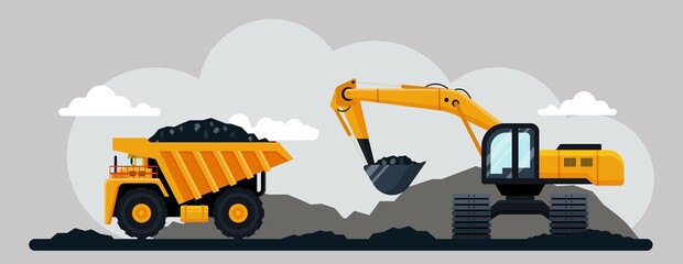 Excavator and dump truck working at coal mine, flat vector illustration. Open pit mine or quarry, extraction machinery. - obrazy, fototapety, plakaty