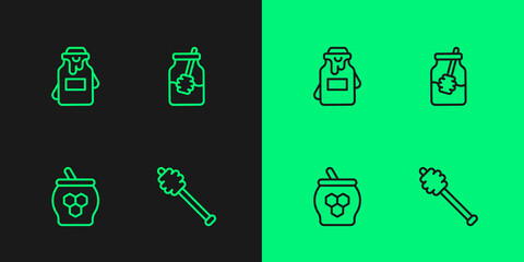 Set line Honey dipper stick, Jar of honey and, and icon. Vector