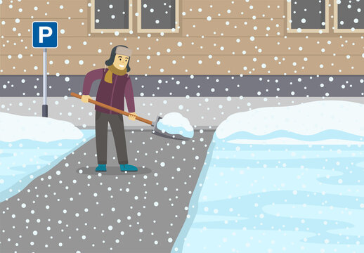 Happy young man with shovel cleaning snow. Front view of city car parking covered with snow.  Flat vector illustration template.