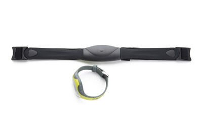 Heart rate monitor watch with chest belt on white background
