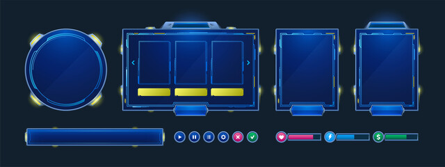 Space stream overlay, game twitch ui frame. Streaming screen, gamer username panels, menu and buttons. Template for esport, online live video, digital user interface glow borders, Cartoon vector set © klyaksun
