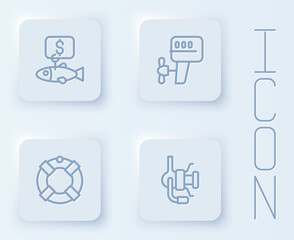 Set line Price tag for fish, Outboard boat motor, Lifebuoy and Spinning reel fishing. White square button. Vector