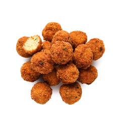 Tasty cod cutlets on white background