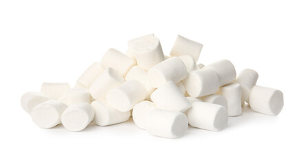 Fototapeta na wymiar Heap of tasty marshmallows on white background