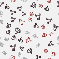 Set line Vacuum cleaner, Towel on hanger, Electric iron and Kitchen apron on seamless pattern. Vector