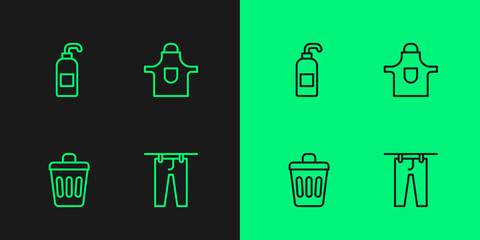 Set line Drying clothes, Trash can, Antibacterial soap and Kitchen apron icon. Vector