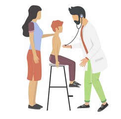 Naklejka na ściany i meble Doctor pediatrician examining boy with stethoscope. Child checkup, doctor consultation in clinic, vector illustration.