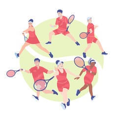 Illustration of a group tennis player with different races ethnic gender, diverse groups of people playing sport. Tennis player concept illustration in an isolated background. Go healthy go sport