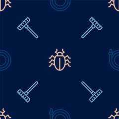 Set line Garden hose, rake and Colorado beetle on seamless pattern. Vector