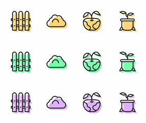 Set line Apple, Garden fence wooden, Cloudy weather and Plant in pot icon. Vector