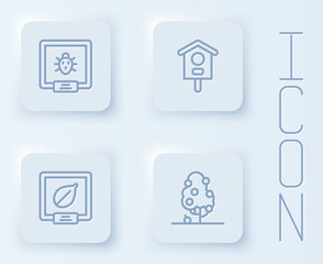 Set line Colorado beetle, Bird house, Seeds of specific plant and Fruit tree. White square button. Vector