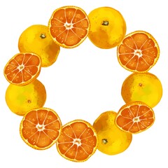 手描き水彩厚塗りのみかんイラスト正方形フレーム・円