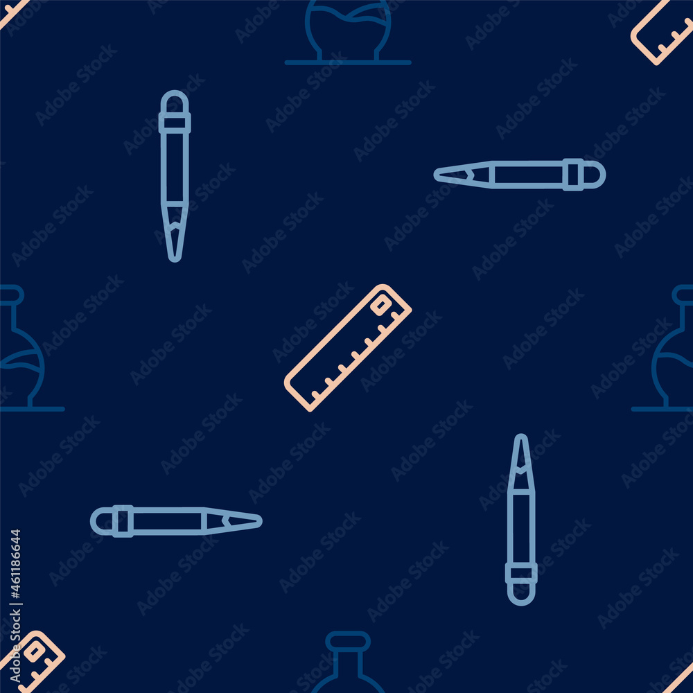Poster set line test tube, pencil with eraser and ruler on seamless pattern. vector