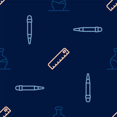 Set line Test tube, Pencil with eraser and Ruler on seamless pattern. Vector