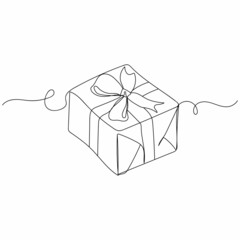 Continuous one line drawing of christmas new year gift box with bow icon in silhouette on a white background. Linear stylized.