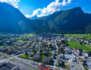 Aerial view of the city Näfels in Switzerland on a sunny day in summer. 