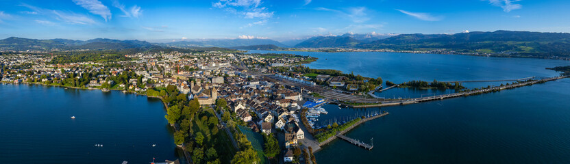 Aerial view of the city Rapperswil-Jona in Switzerland on a sunny afternoon.
