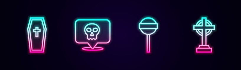 Set line Coffin with christian cross, Skull, Lollipop and Tombstone. Glowing neon icon. Vector