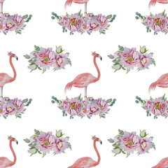 Flamingos pink blooming peonies leaves watercolor hand painted pattern. Cute ornament of pink bird and flowers. Print, fabric, wrapping paper, baby wallpaper, delicate style background, card,
