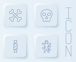 Set line Crossed bones, Skull, Candy and Voodoo doll. White square button. Vector