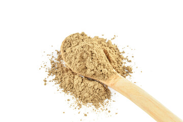 Spoon with hojicha powder on white background