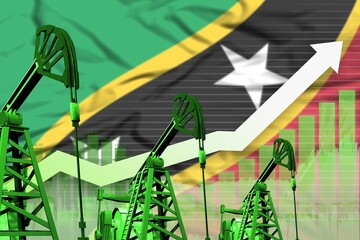rising up chart on Saint Kitts and Nevis flag background - industrial illustration of Saint Kitts and Nevis oil industry or market concept. 3D Illustration