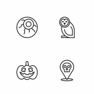 Set line Skull, Pumpkin, Eye and Owl bird icon. Vector